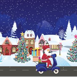 Cartoon Santa Claus rides scooter with gifts on night winter town