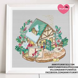 Hygge cottage cross stitch pattern PDF House decor Craft project DIY Christmas holiday cute Chart embroidery Printable