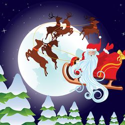 Cartoon Santa Claus riding his sleigh at the Christmas night
