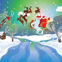 Cartoon Santa Claus riding sleigh at the Christmas night