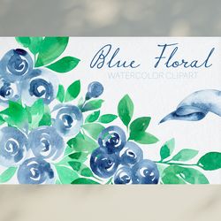 Watercolor Blue Roses Floral clipart / Floral Bouquets Clipart / Indigo Flowers Clipart / Branches and Leaves / PNG