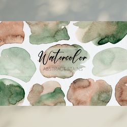 Watercolor Abstract Green Brown Stains / Watercolor Spots / Watercolor Splashes / Hand Painted Textures Background PNG