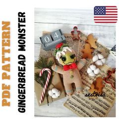 Gingerbread monster pdf pattern, Christmas decor crochet pattern