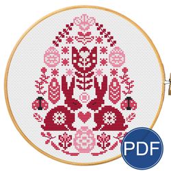 Easter egg red white for cross stitch pattern in folk style, easy beginner cross stitch PDF pattern