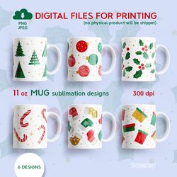 Merry Christmas Bundle, 11 Oz Mug Sublimation Designs With Christmas Ornaments, PNG JPEG Digital Download