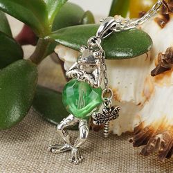 Silver Frog Necklace Clear Green Czech Glass Necklace Handmade Cute Little Froggy Pendant Necklace Kids Jewelry 7011