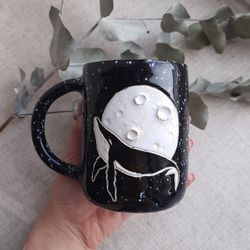 Moon & black whale ceramic mug/ FOR ORDER/ Cosmic whale mug/ Galaxy whale mug/ Celestial moon mug/ 10 fl oz/