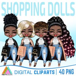 Shopping Girl Clipart Bundle - African American Fashion Dolls PNG, Shopagolic Digital Stickers, Planner Afro Girl, Curvy