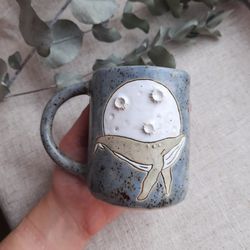 Moon blue whale ceramic mug/ FOR ORDER/ Cosmic whale mug/ Galaxy whale mug/ Celestial moon mug/ 10 fl oz/ Handmade mug