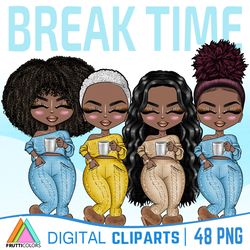 Break Time Clipart - African American Fashion Dolls, Coffee Clipart, Afro Girl PNG, Cozy Season, Curvy Girl, Planner PNG