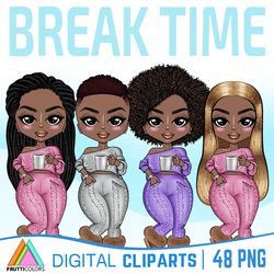 Coffee Break Clipart - African American Fashion Dolls, Break Time PNG, Best Friends PNG, Cozy Season, Curvy Girl Clipart