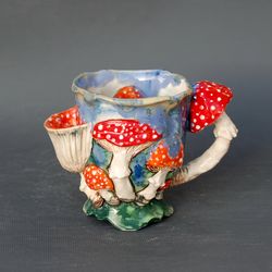 Mushroom Mug, Tea Cup with Pocket, Painting Inside Cup, Colorful Art Mug, Figurine Amanita, Fly agaric, Wonderland