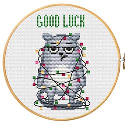 Cross stitch pattern. Grumpy cat, Good luck, easy beginner cross stitch PDF pattern