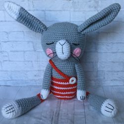 Crocheted rabbit, sleeping rabbit, hare, gray hare, crochet hare, gray bunny, hare in clothes, handmade hare, big hare