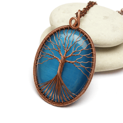 Cat Eye Necklace Good Luck Necklace Tree Of Life Pendant  Handmade Copper Wire Wrapped Jewelry Anniversary Gift For Her