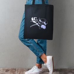 black shopping bag with anime embroidery. fashionable shopping bag. fabric bag. buy women's bags. beautiful shopping bag