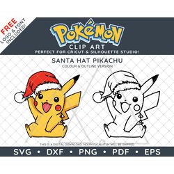 Pokemon Clip Art Design SVG DXF PNG PDF - Cute Christmas Santa Hat Pikachu Illustration Plus FREE Logo & Font!