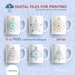 Holiday Bundle, 11 Oz Mug Sublimation Designs With Christmas Decor, PNG JPEG Digital Download
