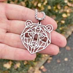 Bear head necklace, Geometric stainless steel pendant, Origami style jewelry