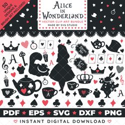 Disney Alice in Wonderland Clip Art Bundle SVG DXF PNG PDF - Over 50 Unique Designs Plus FREE Brush Set & Font!
