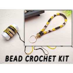 DIY kit yellow wristlet keychain. Bead crochet kit key wrist strap, Diy kit lanyard for keys, Kit for adult