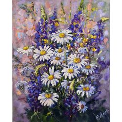daisy painting lupines flower original art impressionism bouquet artwork floral