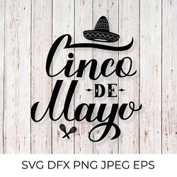 cinco de mayo lettering with sombrero and maracas svg