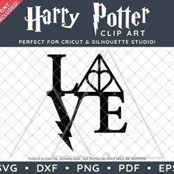 Harry Potter Clip Art Design SVG DXF PNG PDF - Deathly Hallows LOVE Typographic Simple Design & FREE Font!