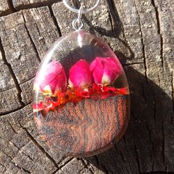 Rose wood necklace Flowers wood resin pendant Best girlfriends Christmas gift
