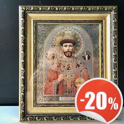 Nicholas II the last Tsar (Emperor)  | High quality lithography icon decorated with rhinestones | Size:  8,3" x 7"