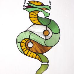 chinese dragon stained glass suncatcher, yin yang good luck symbol, window hanging ornament, unique new year gift