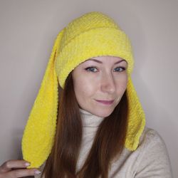Yellow bunny beanie crochet. Fluffy bunny hat adult. Plush bunny beanie hand knit