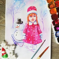 christmas card, watercolor winter illustration, merry christmas and happy new year greeting card