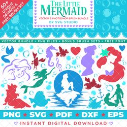 Disney The Little Mermaid Clip Art Bundle SVG DXF PNG PDF - Over 60 Unique Designs Plus FREE Brush Set & Font!