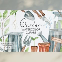 Watercolor Garden Clipart / Garden Tools and Plant Clipart / Gardening Clipart / Spring Clipart / PNG