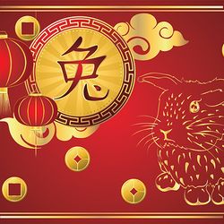 Decorative rabbit zodiac sign with cartoon bunny, Chinese new year greeting card illustration