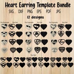 Heart Earrings SVG Bundle, Valentine Earring Templates For Laser Cutting, Cricut, Silhouette Studio, Earring Pattern SVG