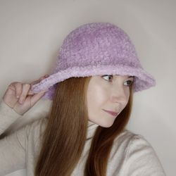 Furry bucket hat crochet. Warm knitted bucket hat for women.