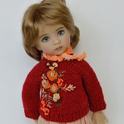 Little Darling Doll Red Embroidered Sweater, Cotton Skirt