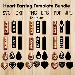 Heart Earrings SVG Bundle, Valentine Earring Templates For Laser Cutting, Cricut, Silhouette Studio, Love Earring SVG