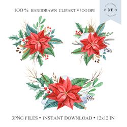 Merry Christmas Red Poinsettia bouquets. Red Poinsettia and Greenery Clipart. Watercolor hand dawn ClipArt. NatArtStudio