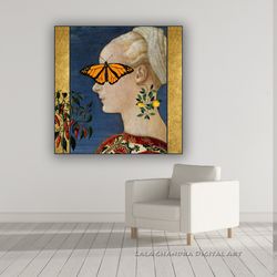 Silence. Surreal Renaissance poster, pop art collage, girl with butterfly, quattrocento painting, symbolism, , wall deco