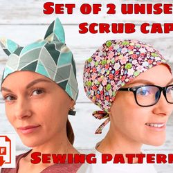 Set of 2 Unisex Scrub Caps Style 7 and Cat Ears Scrub Cap Sewing Patterns, Printable Scrub Hat Sewing Pattern,Surgical