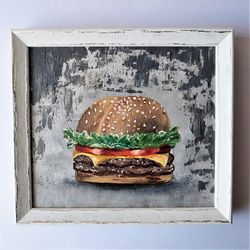 Cheeseburger original painting, Food wall art, Kitchen wall decoration