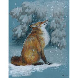 Fox and snow. Original colored pencil drawing 9,6x7,7''