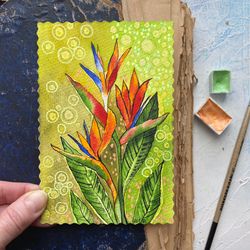Tropical flowers painting Floral Original watercolor card Gift artwork Small art Rubinova