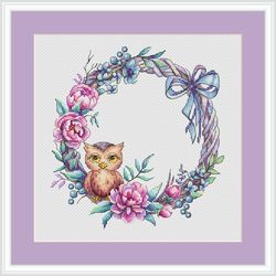 Owl Cross Stitch Pattern Wreath Cross Stitch Pattern Baby Cross Stitch Pattern Flower Cross Stitch Pattern