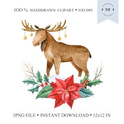 Christmas Forest Deer with Red Poinsettia wreath. Hand drawn Png Clipart. Watercolor Woodland Animals.  NatArtStudio
