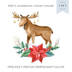 christmas forest deer with red poinsettia wreath. hand drawn png clipart. watercolor woodland animals.  natartstudio