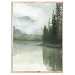 Forest River Art Print Pine Trees Watercolor Painting Foggy Forest Wall Art Olive Green and Gray Landscape Poster
